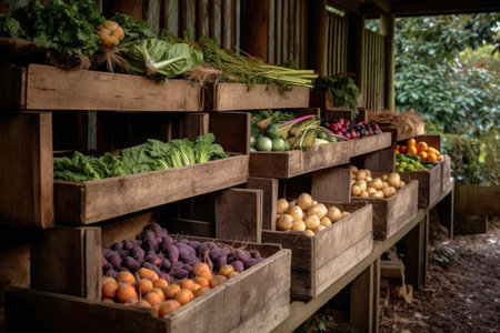 rustic wooden crates filled with freshly harvested produce, created with generative aiの素材