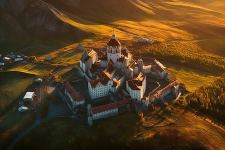 aerial view of a remote monastery at sunrise, created with generative aiの素材