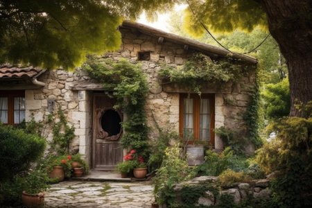 rustic stone house with a charming wooden door, created with generative aiの素材