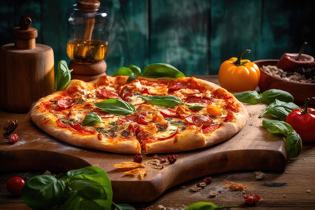 rustic pizza on a wooden board with fresh basil leaves, created with generative aiの素材