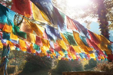 colorful prayer flags fluttering in the wind, created with generative aiの素材