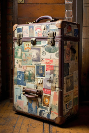 old suitcase with vintage travel stickers, created with generative aiの素材