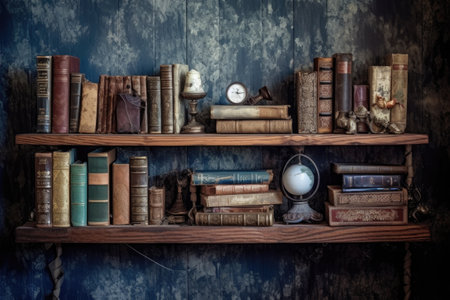 old hardcover books on a rustic shelf, created with generative aiの素材