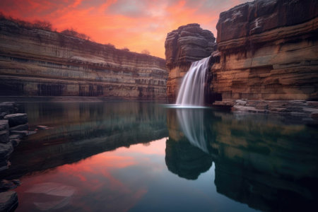 waterfall reflecting in tranquil lake at sunset, created with generative aiの素材