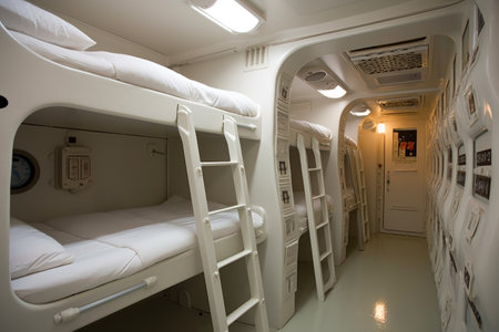 bunk beds in tight crew sleeping quarters, created with generative aiの素材