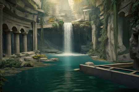 powerful waterfall crashing into a serene pool, created with generative aiの素材