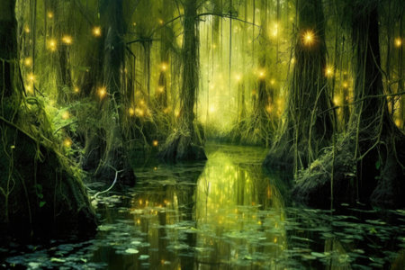 illuminated swamp vegetation by fireflies light, created with generative aiの素材