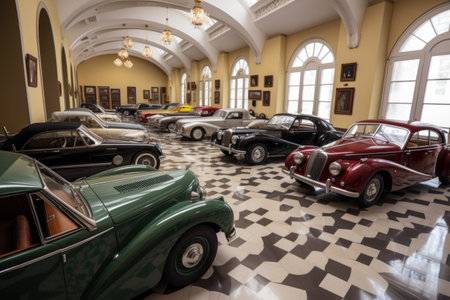 collection of classic cars in museum, on display for visitors, created with generative aiの素材