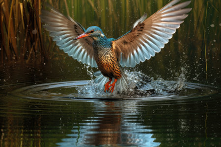 kingfisher diving into water to catch fish, created with generative aiの素材