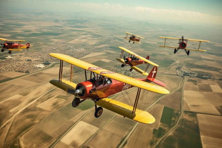aerial view of classic biplanes flying in formation, created with generative aiの素材