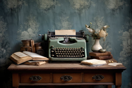 classic typewriter with aged paper on desk, created with generative aiの素材