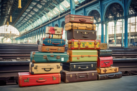 stack of colorful vintage suitcases on a train platform, created with generative aiの素材