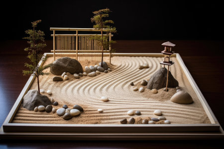 serene zen garden with raked sand and smooth stones, created with generative aiの素材