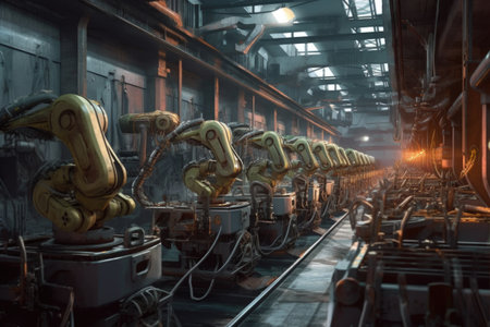 row of robotic arms working in sync on assembly line, created with generative aiの素材