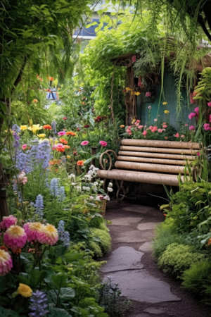 serene garden with a bench and colorful flowers, created with generative aiの素材