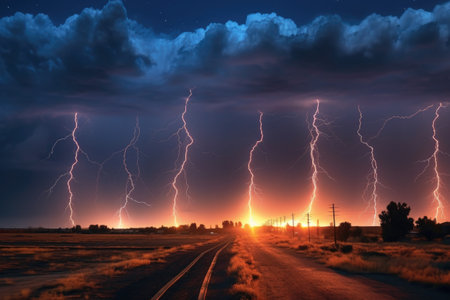 long exposure of multiple lightning strikes, created with generative aiの素材
