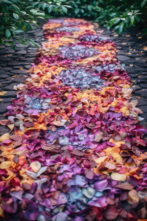 thank you made from flower petals on a garden path, created with generative aiの素材