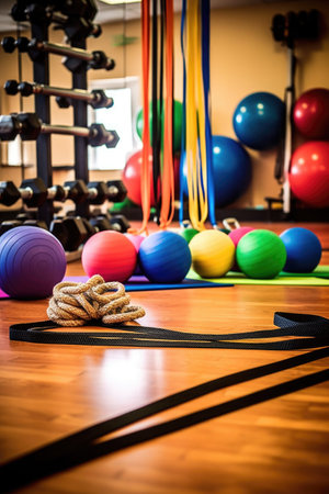 dumbbells and resistance bands on gym floor, created with generative aiの素材