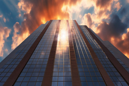 skyscraper reflecting cloudy sky and sun rays, created with generative aiの素材
