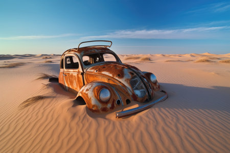rusty car wreck half-buried in sand dunes, created with generative aiの素材