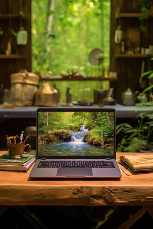 laptop with webinar on screen amidst nature, created with generative aiの素材