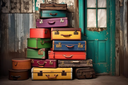 colorful vintage luggage stacked by a weathered door, created with generative aiの素材