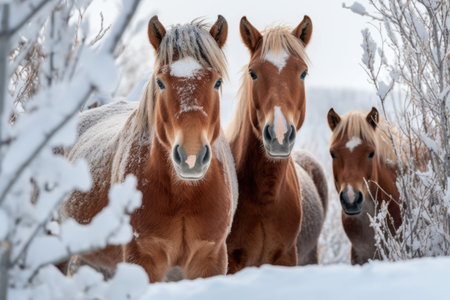 snow-covered wild horses huddled together, created with generative aiの素材