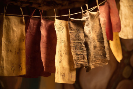 close-up of prayer flags with mantras inscribed, created with generative aiの素材