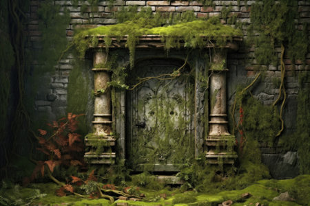 ancient mossy brick wall with a mysterious door, created with generative aiの素材