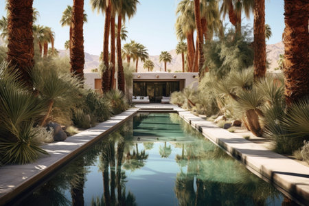 a desert oasis with palm trees and a mirror-like pool, created with generative aiの素材