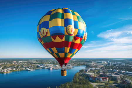 aerial view of a multicolored hot air balloon against blue sky, created with generative aiの素材
