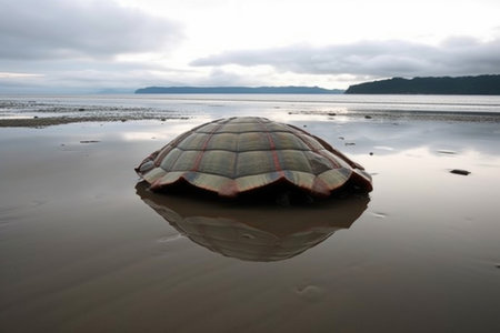 an empty turtle shell washed up on a tsunami-hit beach, created with generative aiの素材