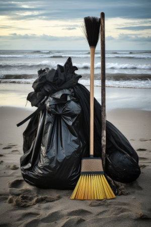 beach cleanup with trash bags and eco-friendly tools, created with generative aiの素材