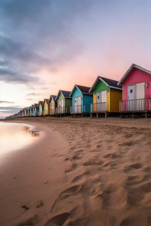 a row of colorful beach huts on a sandy shore, created with generative aiの素材