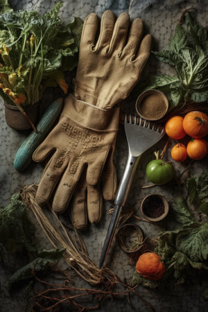gardening tools and gloves for a community project, created with generative aiの素材