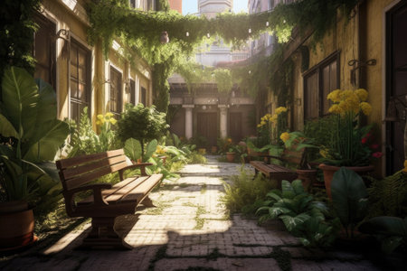 sunlit courtyard with lush greenery and benches, created with generative aiの素材
