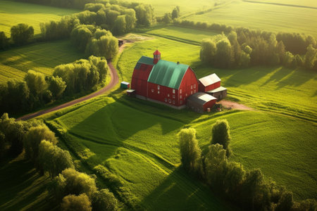 aerial view of a red barn in a green countryside, created with generative aiの素材