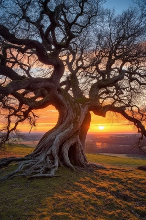ancient oak tree with twisted branches at sunset, created with generative aiの素材