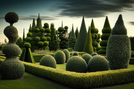 topiary garden with many different shapes and sizes of topiaries, created with generative aiの素材