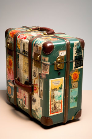 vintage suitcase with travel stickers, created with generative aiの素材