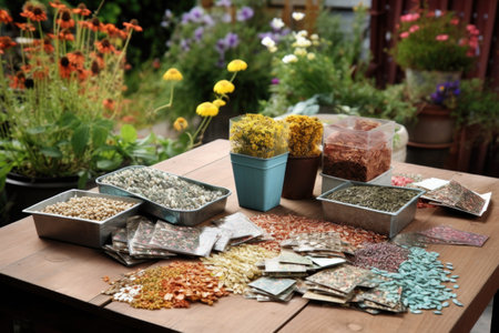 a variety of seed packets scattered on a garden table, created with generative aiの素材