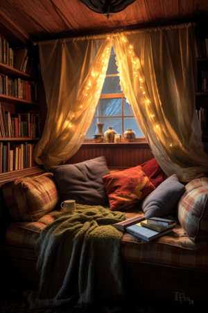 open book on a cozy reading nook with plush pillows, created with generative aiの素材