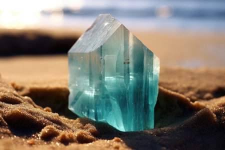 aquamarine crystal resting on a bed of sea glass, created with generative aiの素材