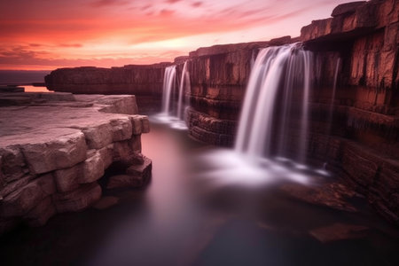 long exposure shot of a waterfall at sunset, created with generative aiの素材