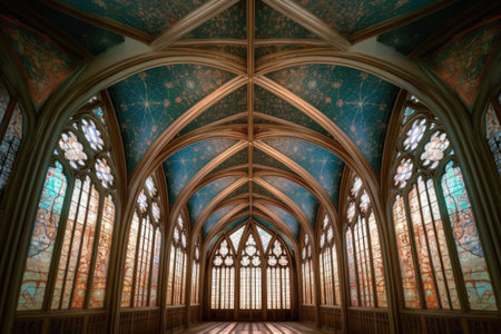colorful painted ceiling in traditional tibetan monastery, created with generative aiの素材