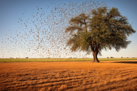 locust swarm enveloping a lone tree in a field, created with generative aiの素材