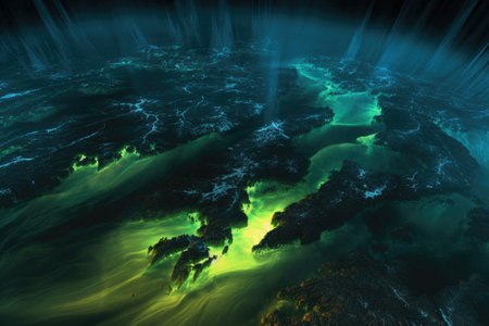 satellite view of bright northern lights spectacle, created with generative aiの素材