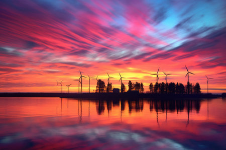 wind turbines silhouetted against colorful sky, created with generative aiの素材