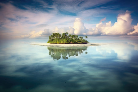 tropical atoll island surrounded by calm waves, created with generative aiの素材