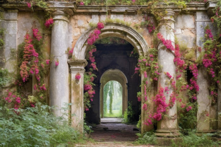 ancient monastery archway covered in ivy and vibrant flowers, created with generative aiの素材